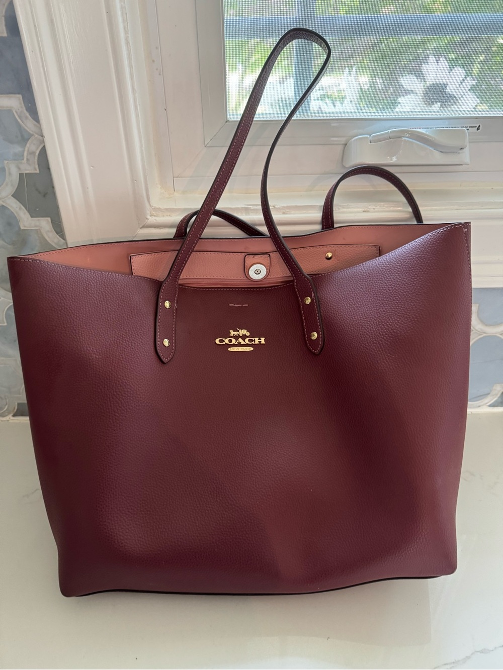 Coach Large Leather Tote in Deep Wine and Blush
